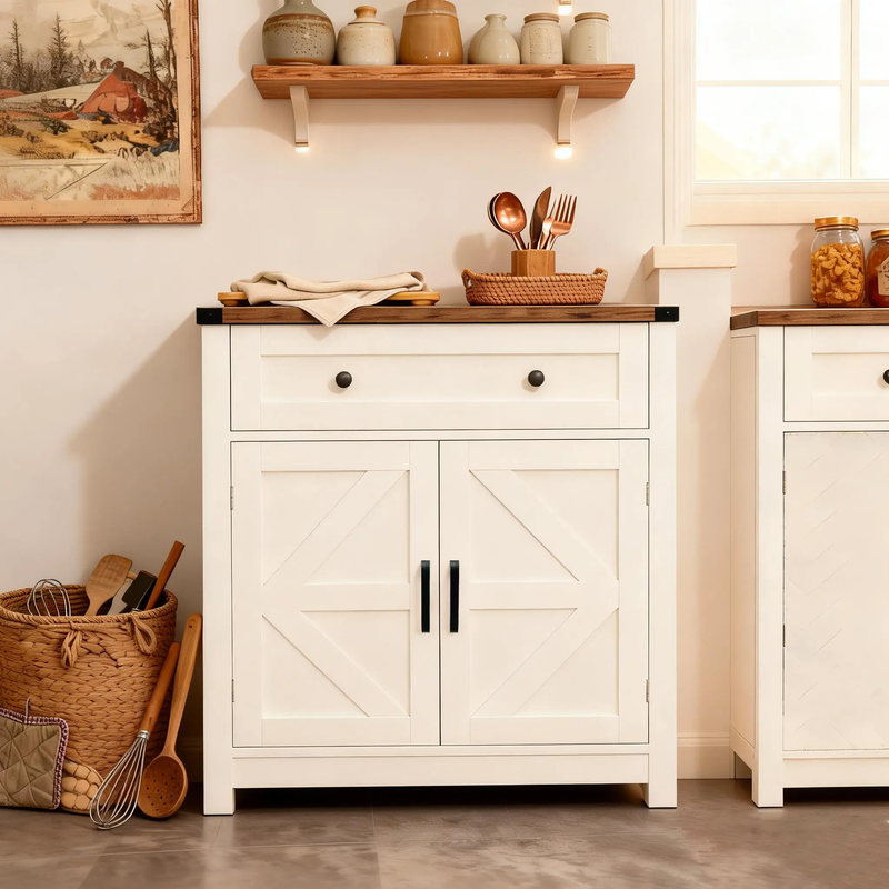 White & Wood-Grain Top Farmhouse Barn-Door Storage Cabinet by HouseOfZazla