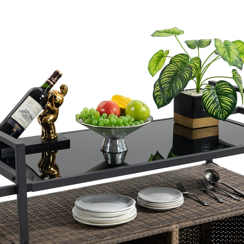 Outdoor Wicker Bar Cart with Glass Top and Wheels by HouseOfZazla