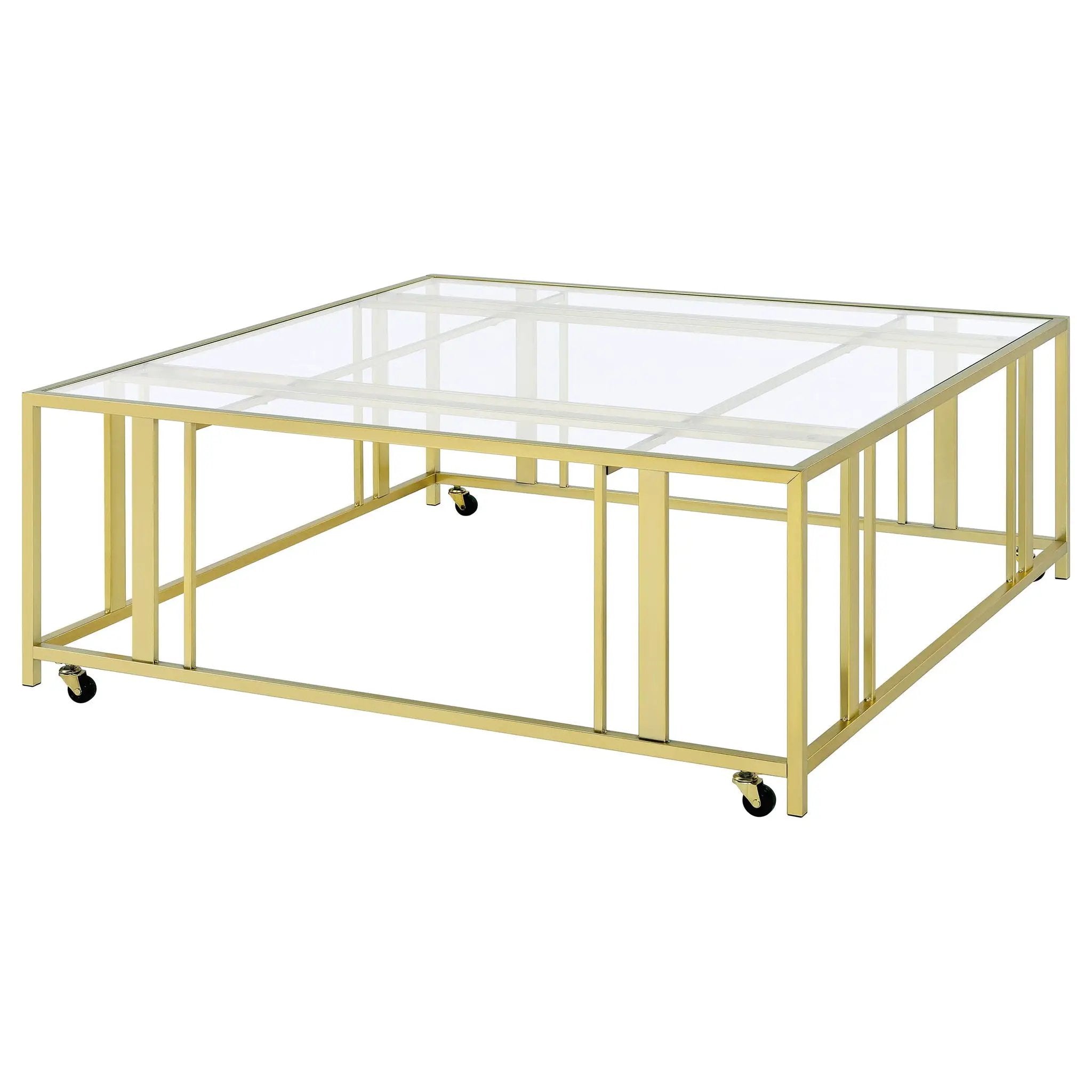 Adri Square Glass Top Coffee Table with Casters Matte Brass by Unique Piece Furniture