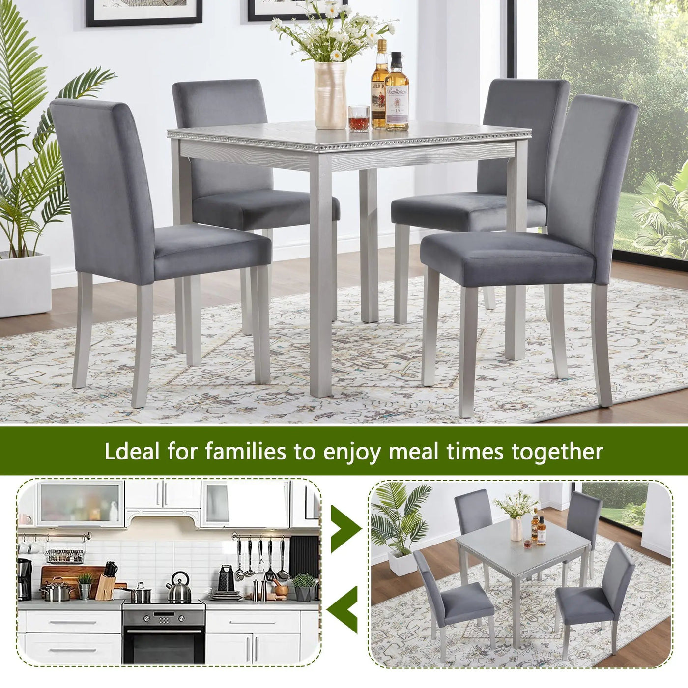 5 Pieces Wooden Dining Table Set, Square Table And 4 Upholstered Chairs by HouseOfZazla