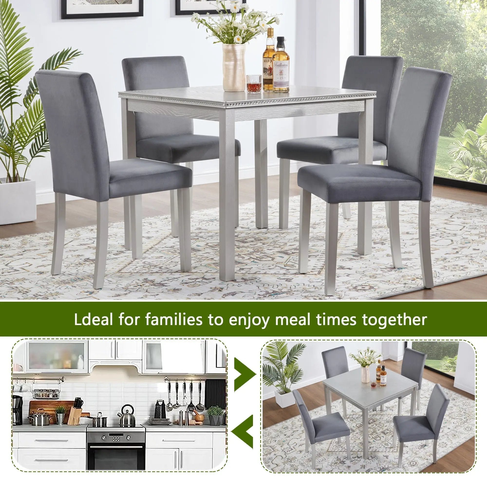 5 Pieces Wooden Dining Table Set, Square Table And 4 Upholstered Chairs by HouseOfZazla