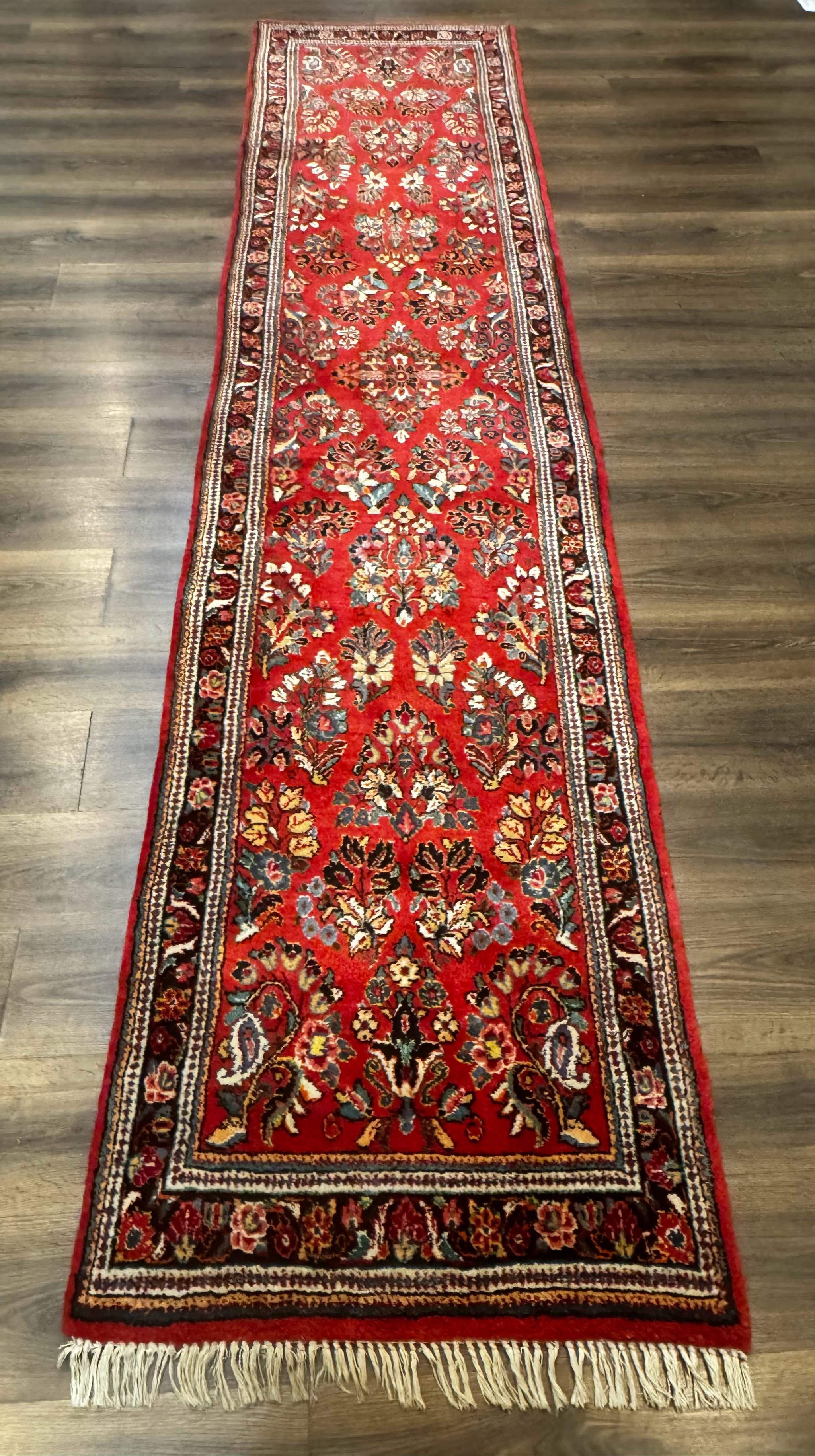 Persian Sarouk Runner Rug 3x12, Red Floral 3 x 12ft Runner, Vintage, Wool by Jewel Rugs