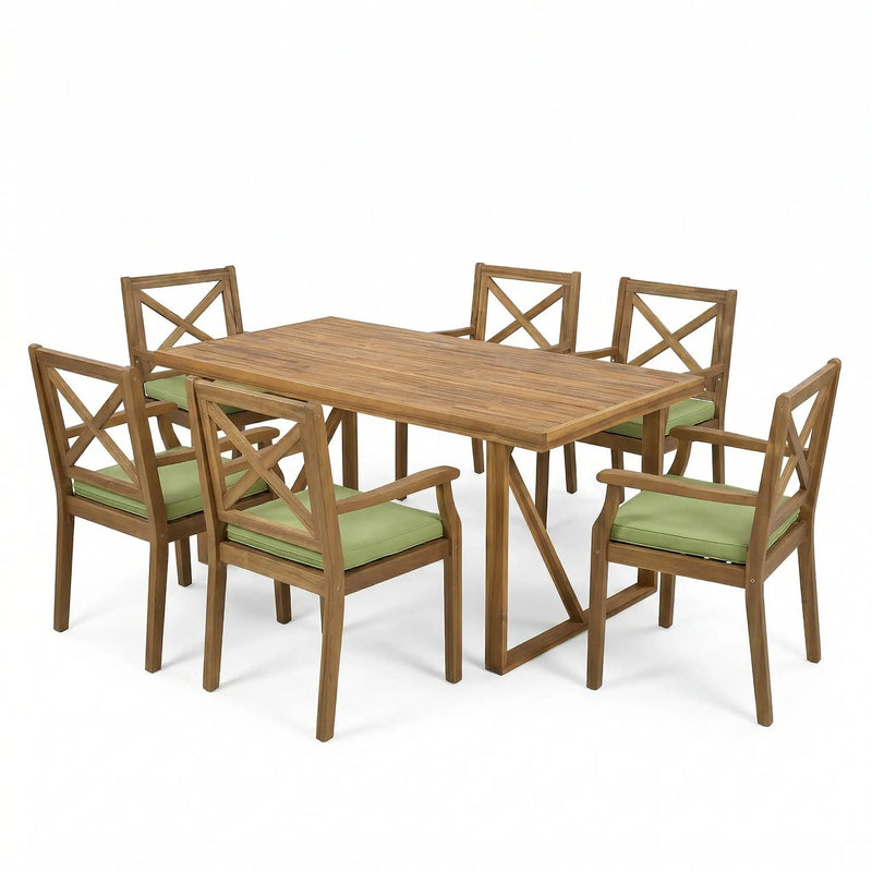 7 Pieces Acacia Wood Outdoor Dining Set with Green Cushions by HouseOfZazla