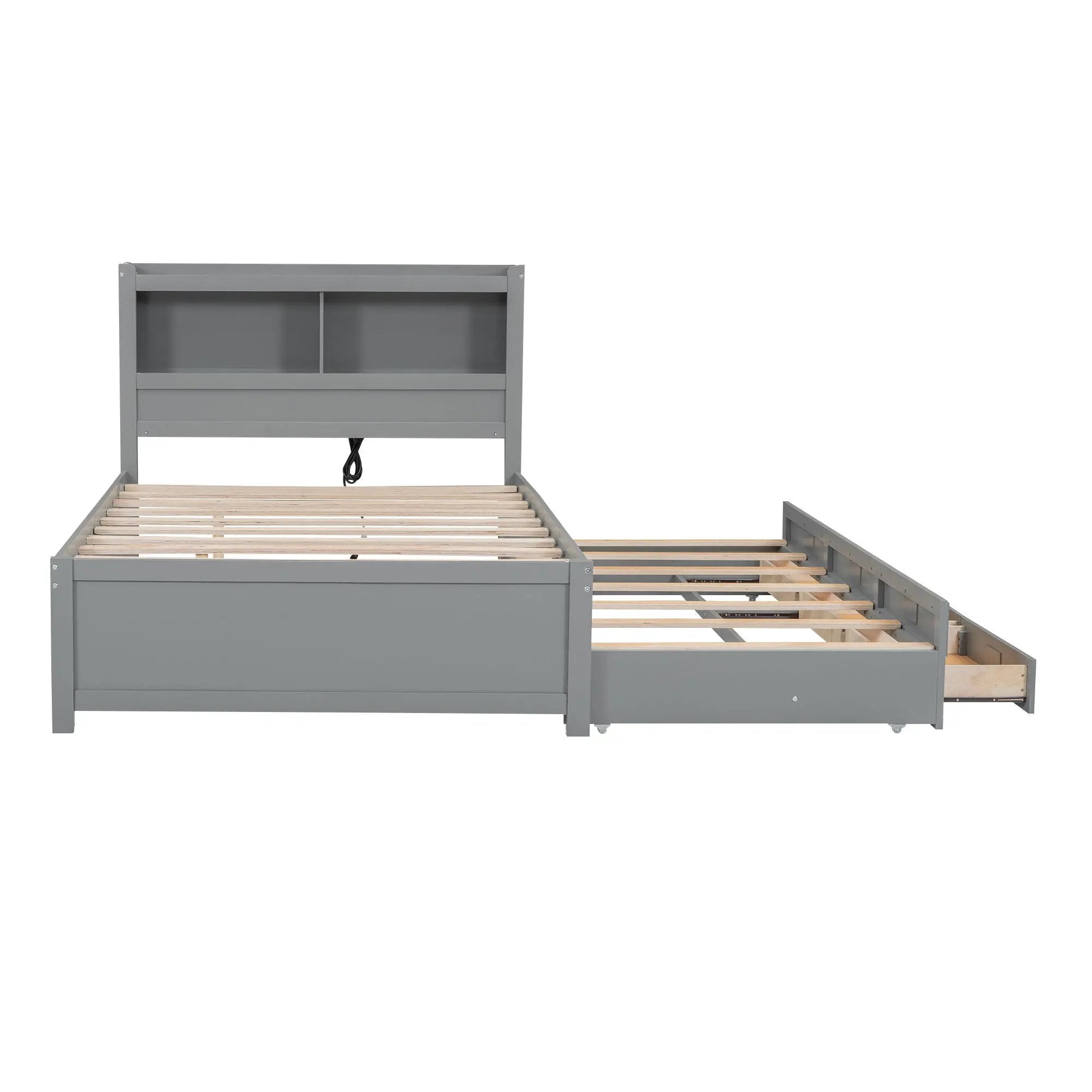 Full Size Platform Bed With Trundle, Drawers, USB Ports And Built In Shelves - Gray by HouseOfZazla
