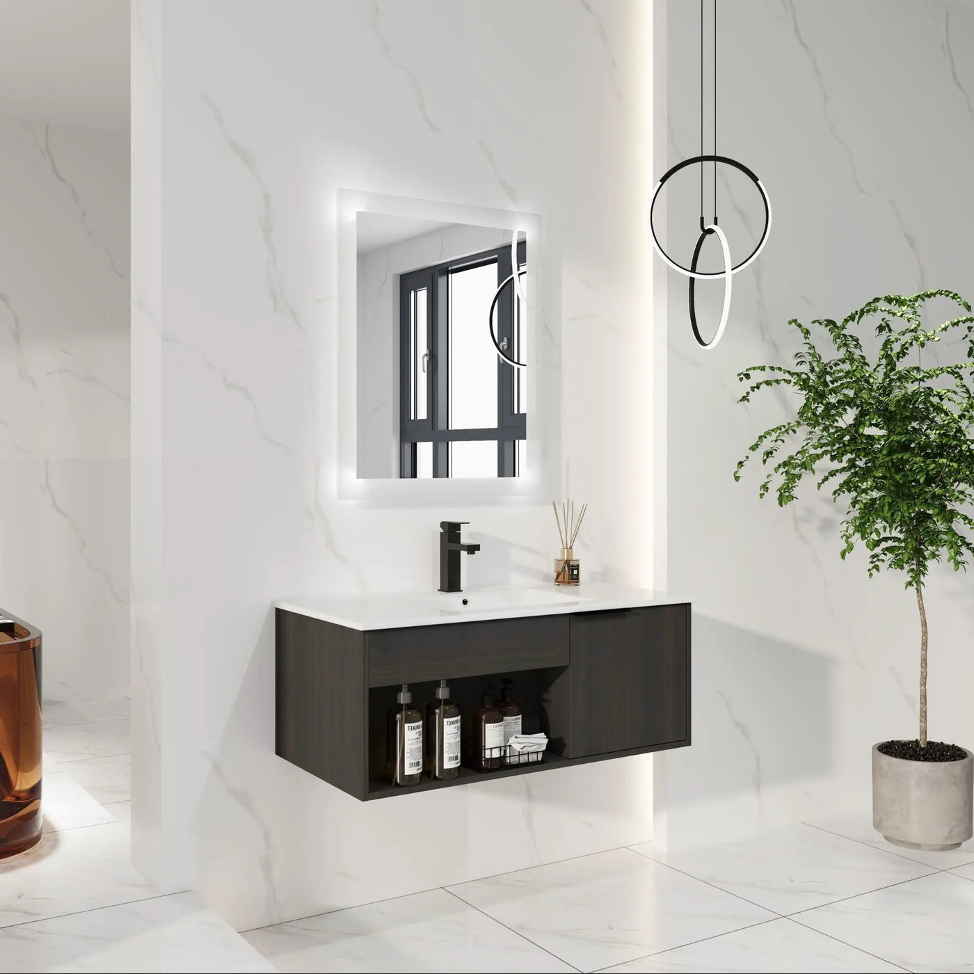 Wall Mounted Floating Bathroom Vanity With Open Shelf & Soft Close Door by HouseOfZazla