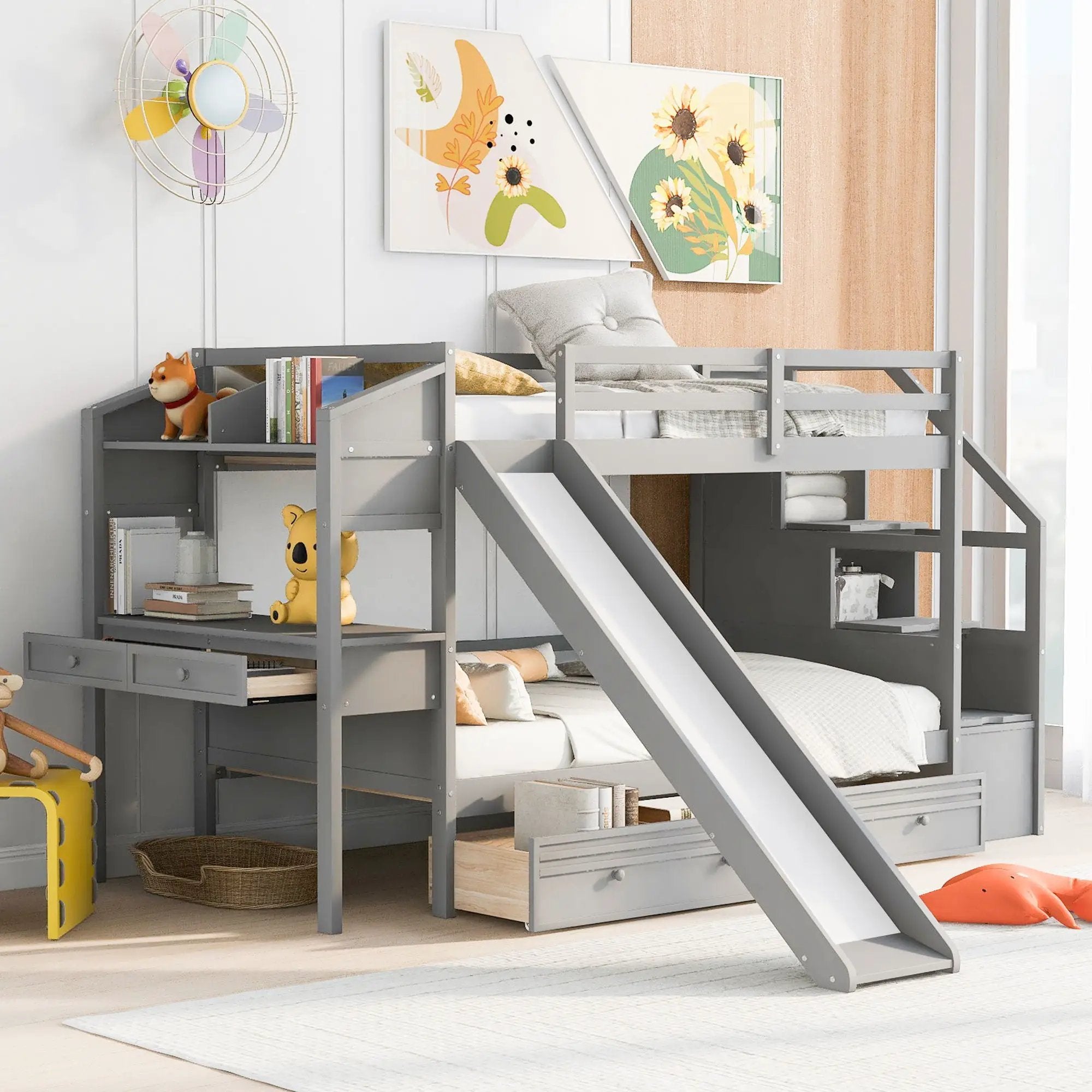 Bunk Bed With Storage Staircase, Slide, Desk, Drawers, And Shelves by HouseOfZazla