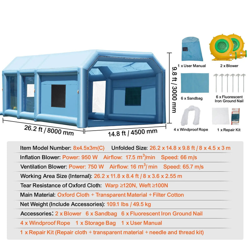 Inflatable Paint Booth, 26.2 x 14.8 x 9.8 ft with Dual Blowers and Air Filter System by HouseOfZazla