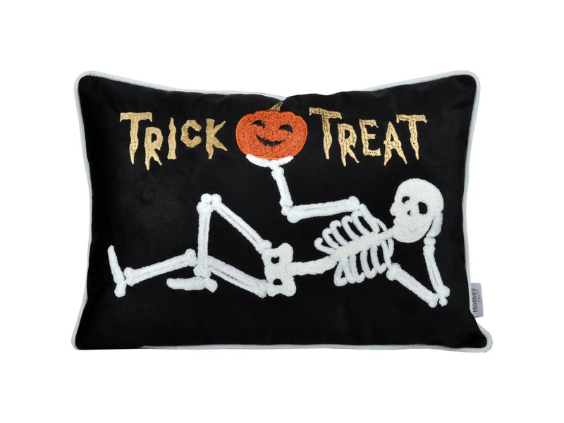 Embroidered Velvet Halloween Skeleton Lumbar Pillow by HouseOfZazla
