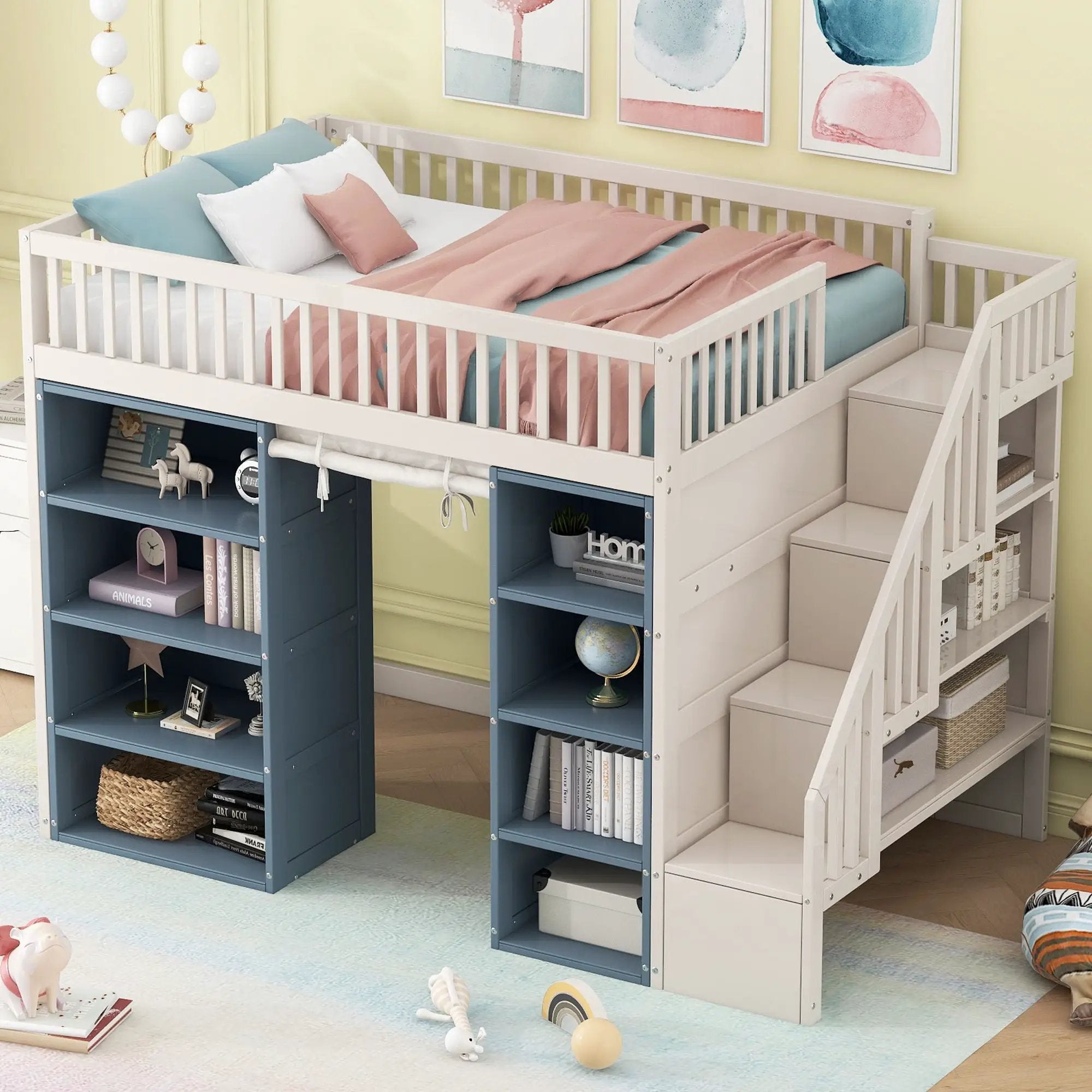 Full Size Loft Bed With 2 Four Layer Storage Cabinets And Curtain With Built In Staircase And Privacy Curtain - White by HouseOfZazla