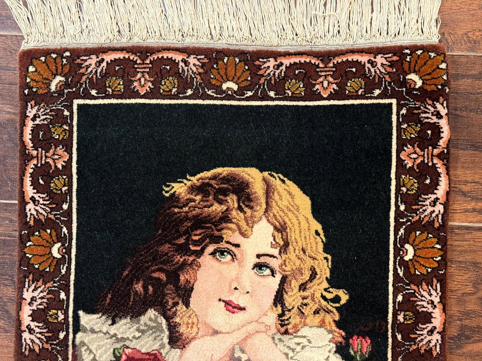Small Persian Tabriz Pictorial Rug of Young Girl, Very Fine 380 KPSI, Portrait of Young Lady with Roses, Handmade, Persian Rug for Wall Hanging by Jewel Rugs