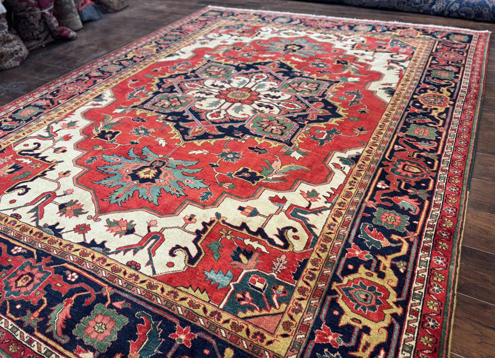 Persian Heriz Serapi Rug 8 x 10.6, Geometric Medallion, Great Colors, Rare, Red Navy Blue Ivory by Jewel Rugs