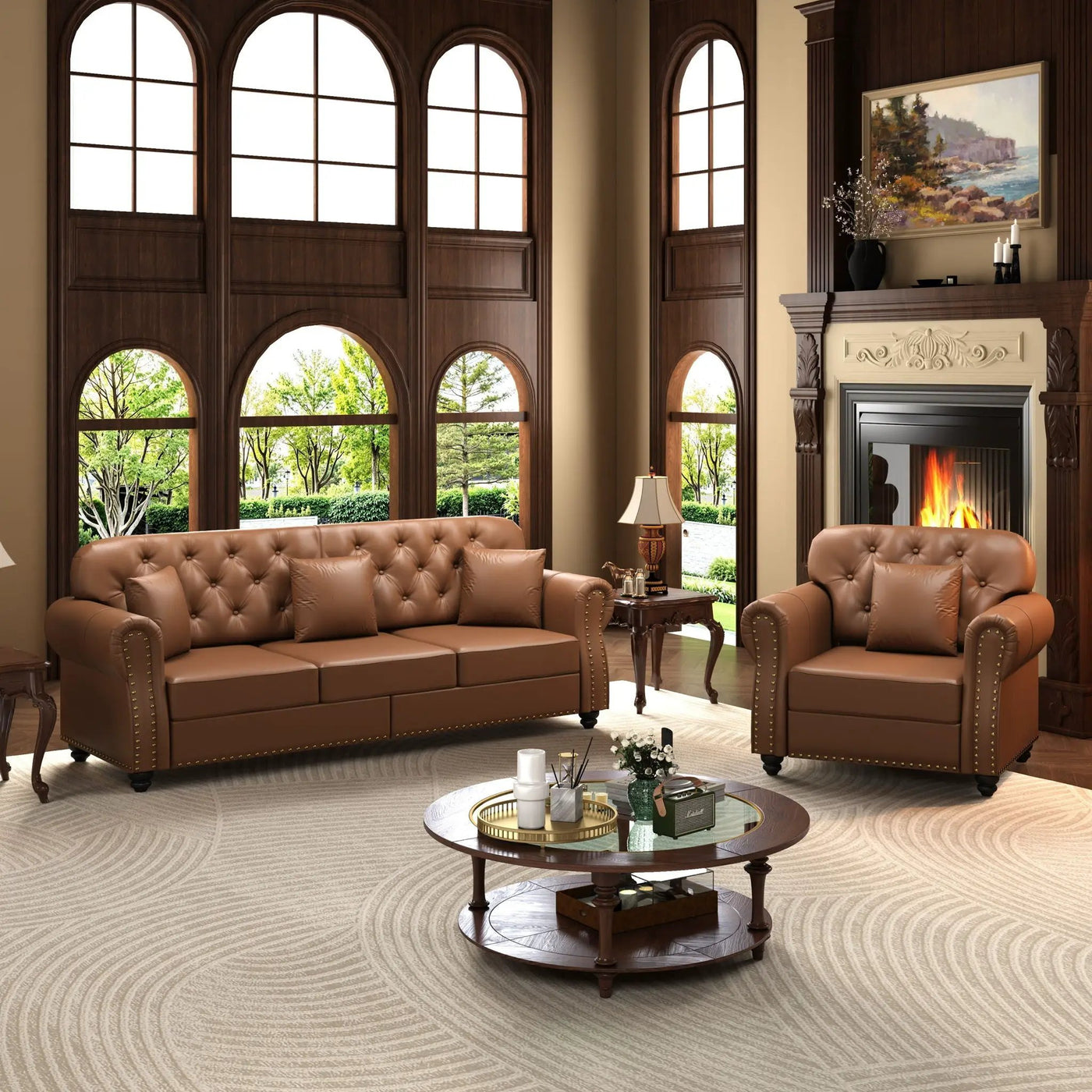 Upholstered Sofa With Nailhead Trim, Rolled Armrests With Ottoman by HouseOfZazla