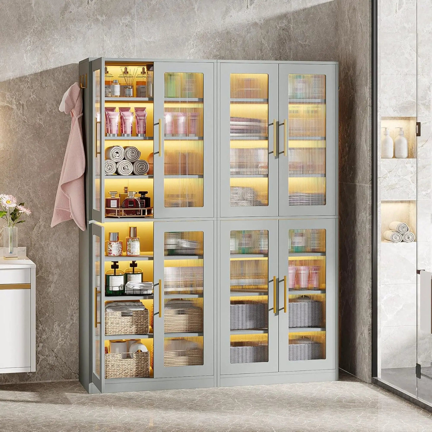 Bookcase With Doors And LED Lighting, 8 Adjustable Shelves Storage Cabinet by HouseOfZazla
