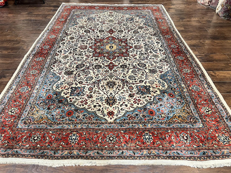Persian Sarouk Rug 8x12, Wool Hand Knotted Antique Carpet, Floral Medallion, Cream Red, Traditional Oriental Rug by Jewel Rugs