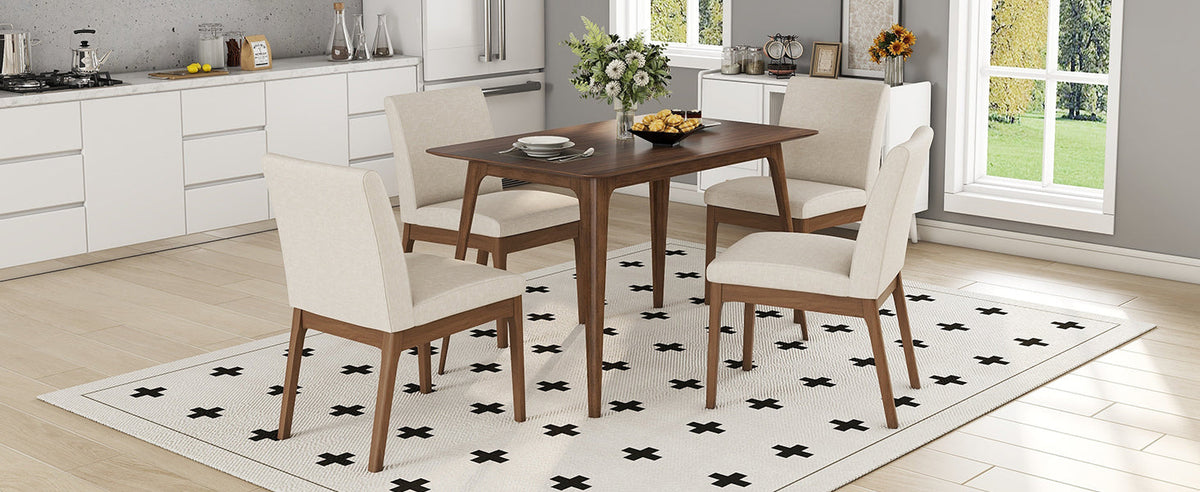 5-Piece Dining Table Set with Upholstered Chairs - Light Beige/Walnut, photo 6 of 10