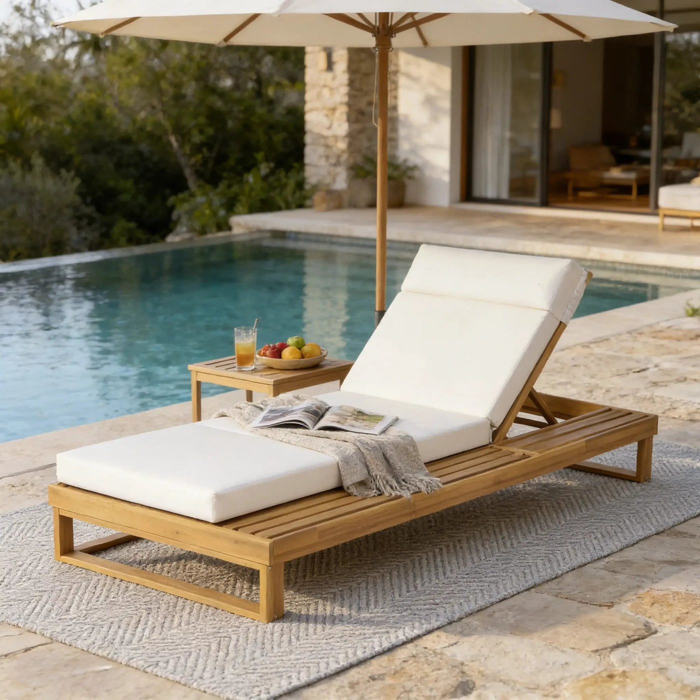 Teak Finish Acacia Wood Chaise Lounge with 4-Inch Cushion by HouseOfZazla