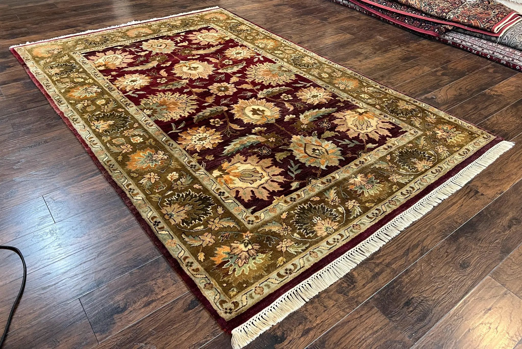 Indo Mahal Rug 6x9, Large Flowers Allover, Maroon and Green, Handmade Wool Area Rug, Vintage Rug, Indian Oriental Carpet, Hand Knotted Rug by Jewel Rugs