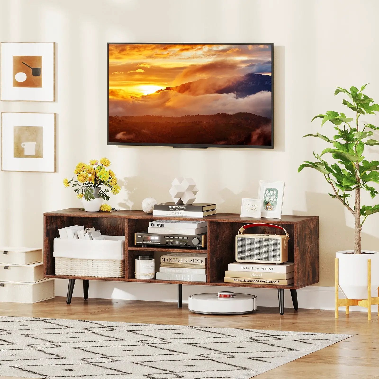 47.5 Inches TV Stand for 55-Inch TV with Compartments and Metal Legs by DirectDeals