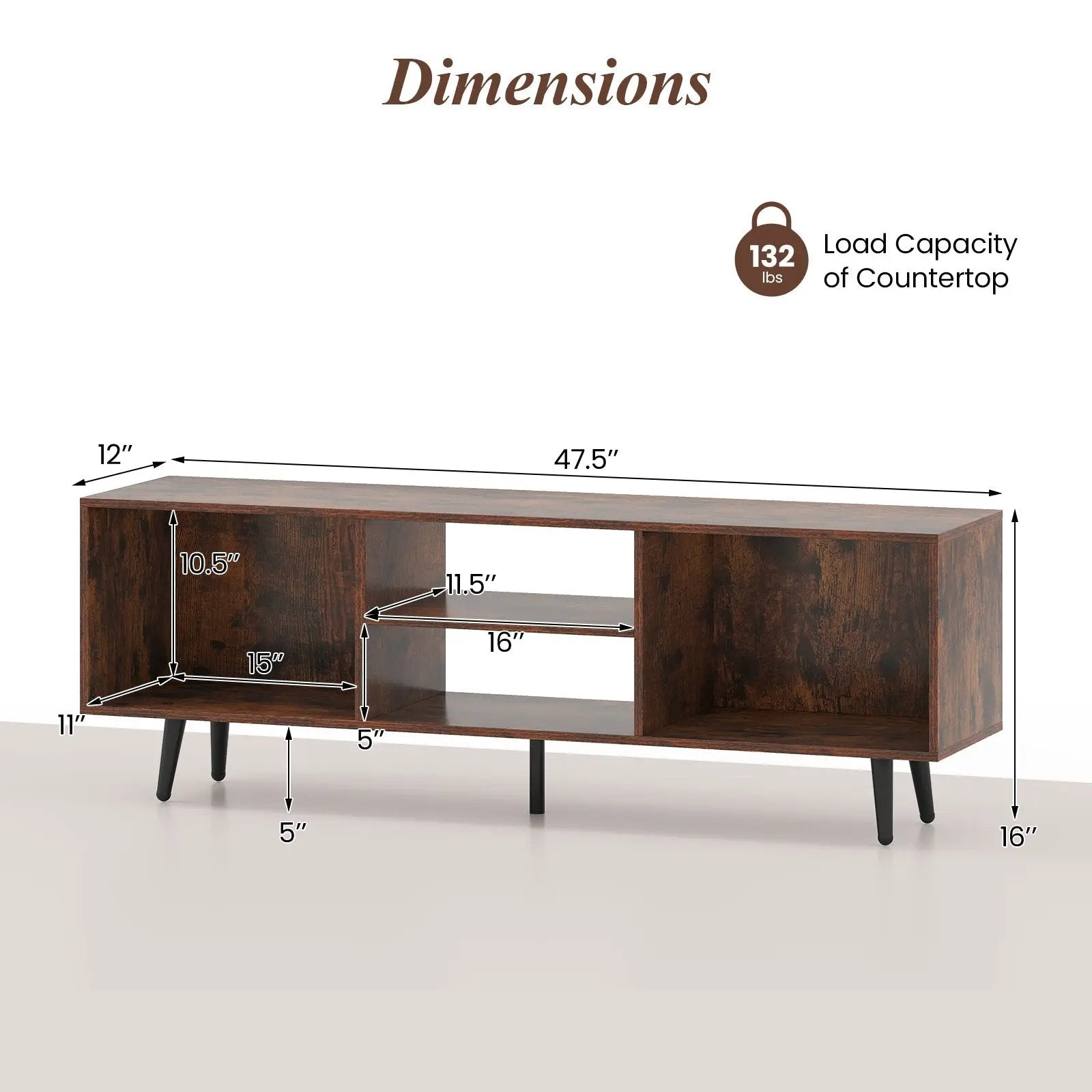 47.5 Inches TV Stand for 55-Inch TV with Compartments and Metal Legs by DirectDeals