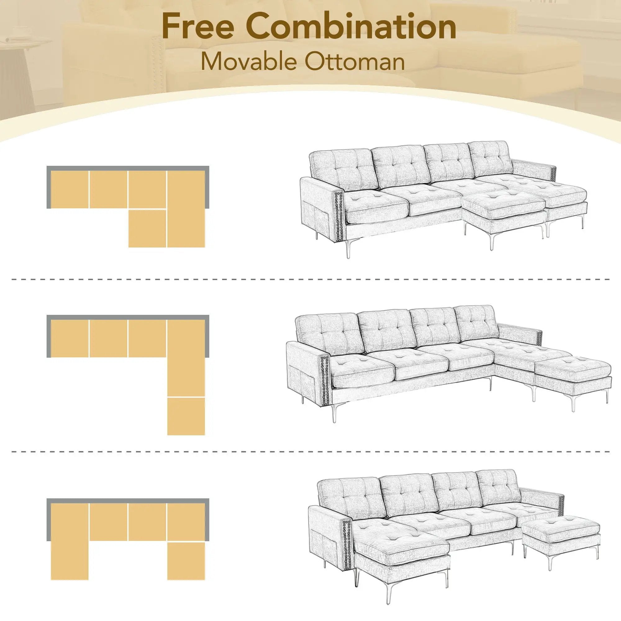 Modern L - Shape Convertible Sectional Sofa With Movable Ottoman by Unique Piece Furniture
