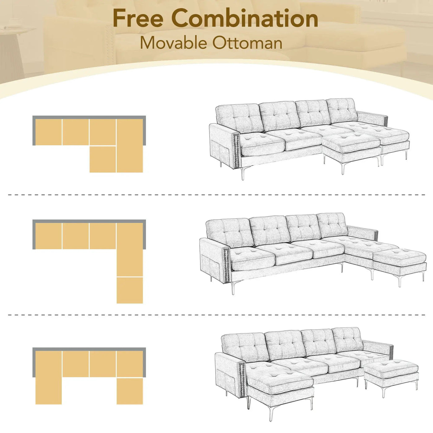 Modern L - Shape Convertible Sectional Sofa With Movable Ottoman by HouseOfZazla