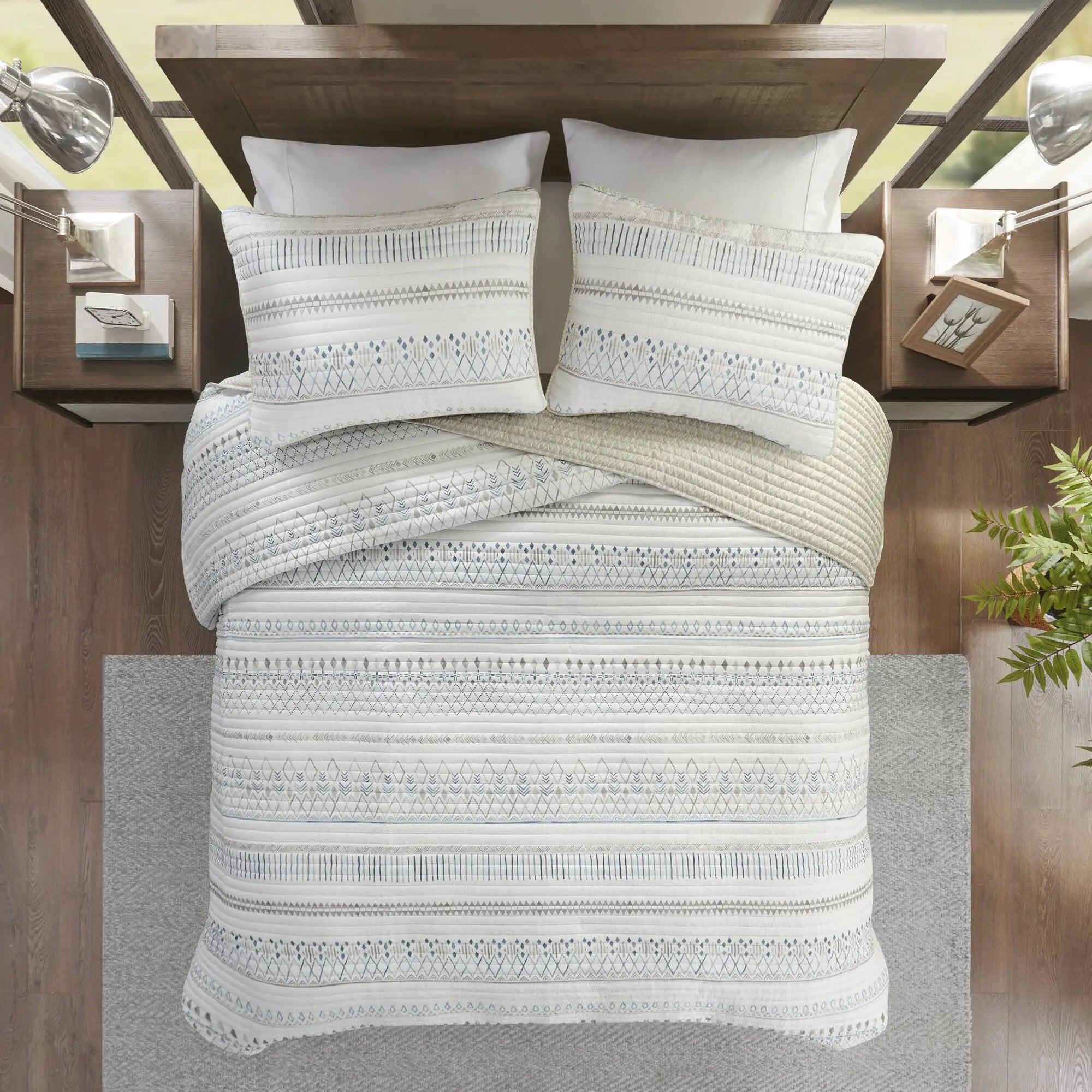 3 Piece Seersucker Quilt Set Taupe Blue King Cal King by HouseOfZazla
