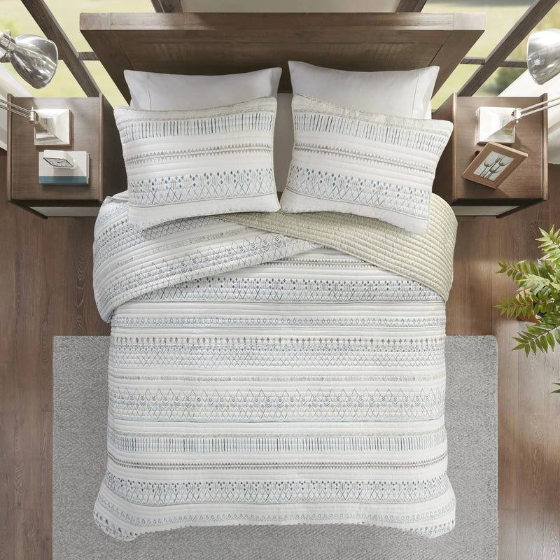 3 Piece Seersucker Quilt Set Taupe Blue King Cal King by HouseOfZazla