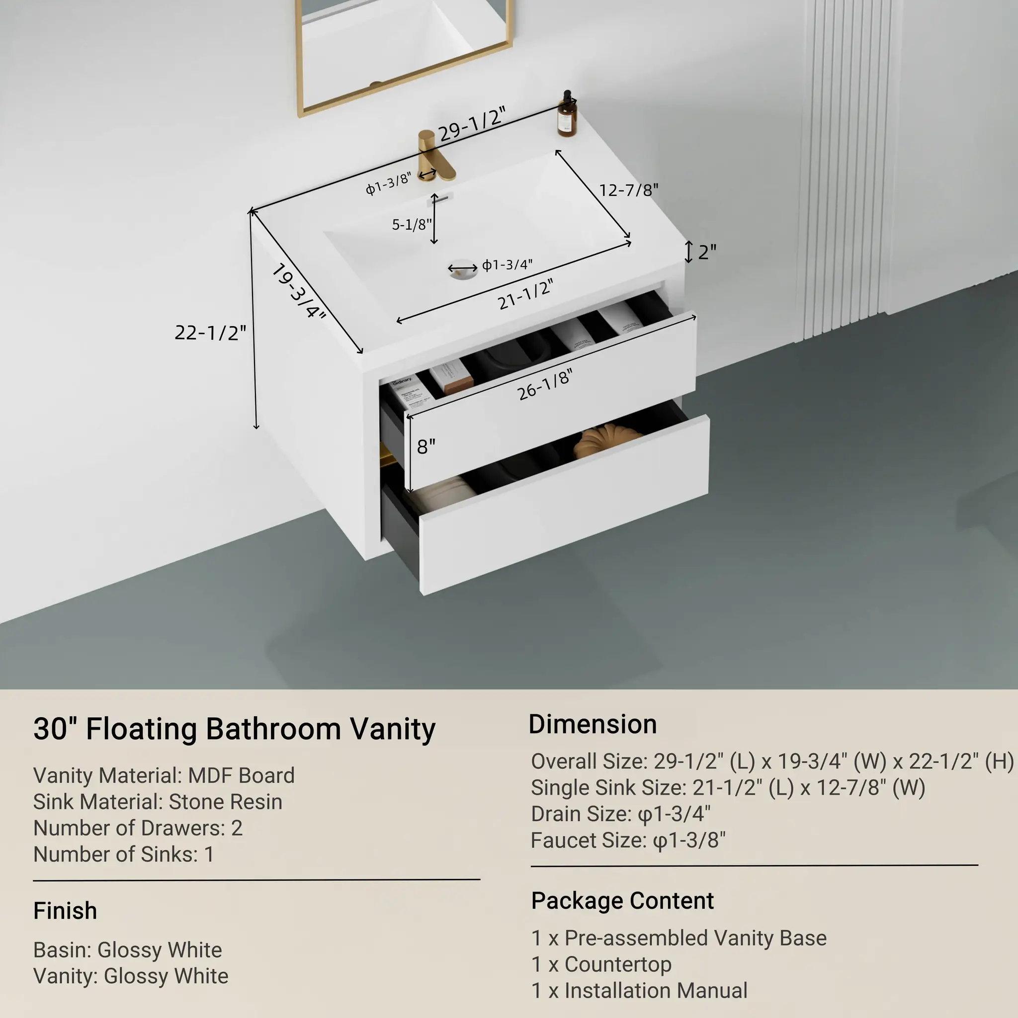 30" Wall-Mounted Bathroom Vanity with Sink by HouseOfZazla