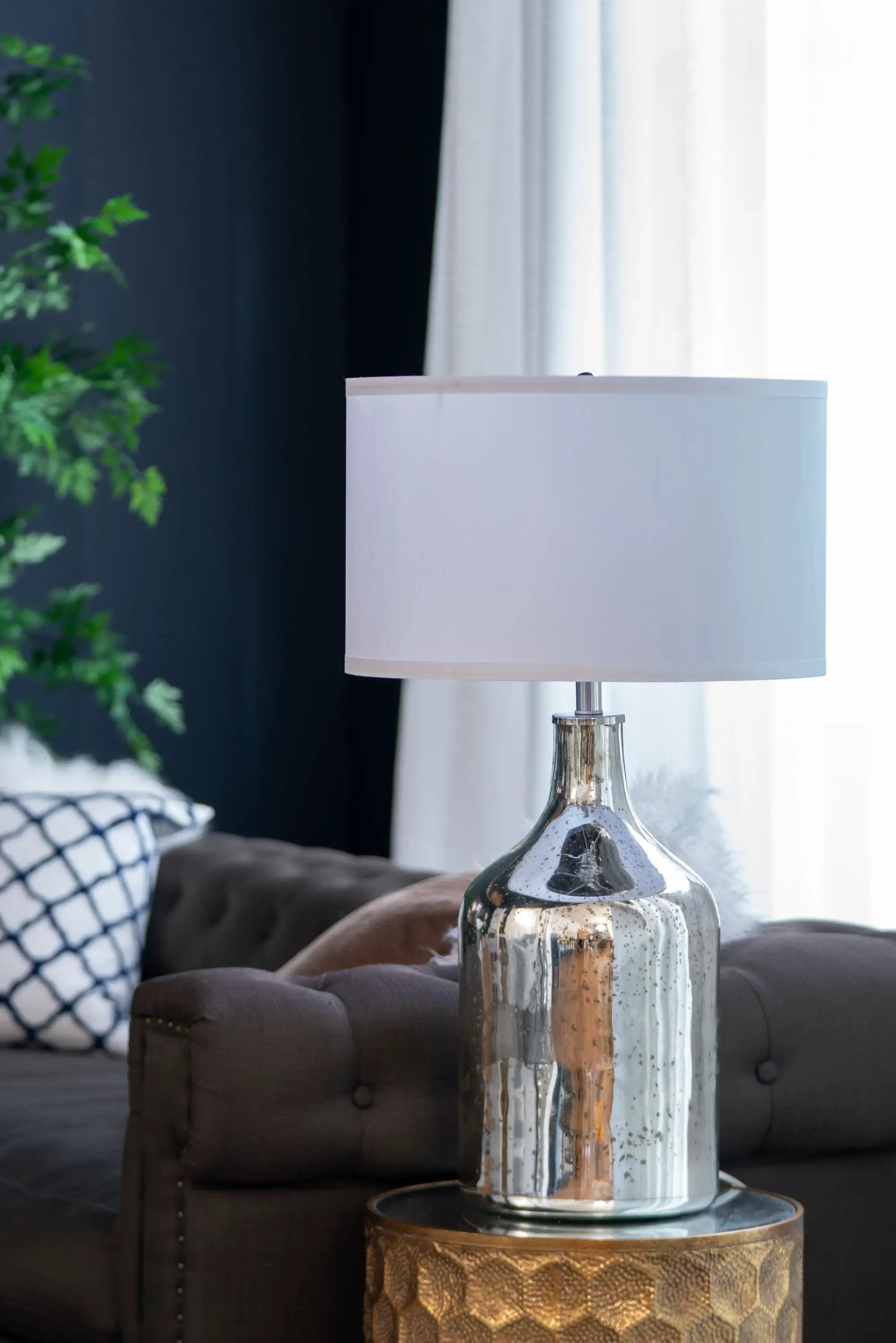 Silver Round Table Lamp with White Fabric Shade by HouseOfZazla