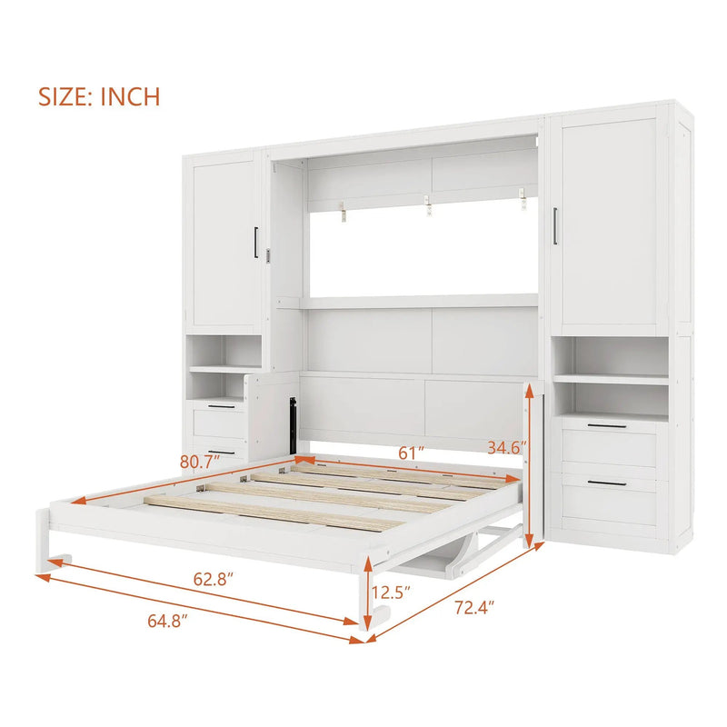 Queen Size Murphy Bed Wall Bed with Closet, Drawers and Shelves, White by HouseOfZazla