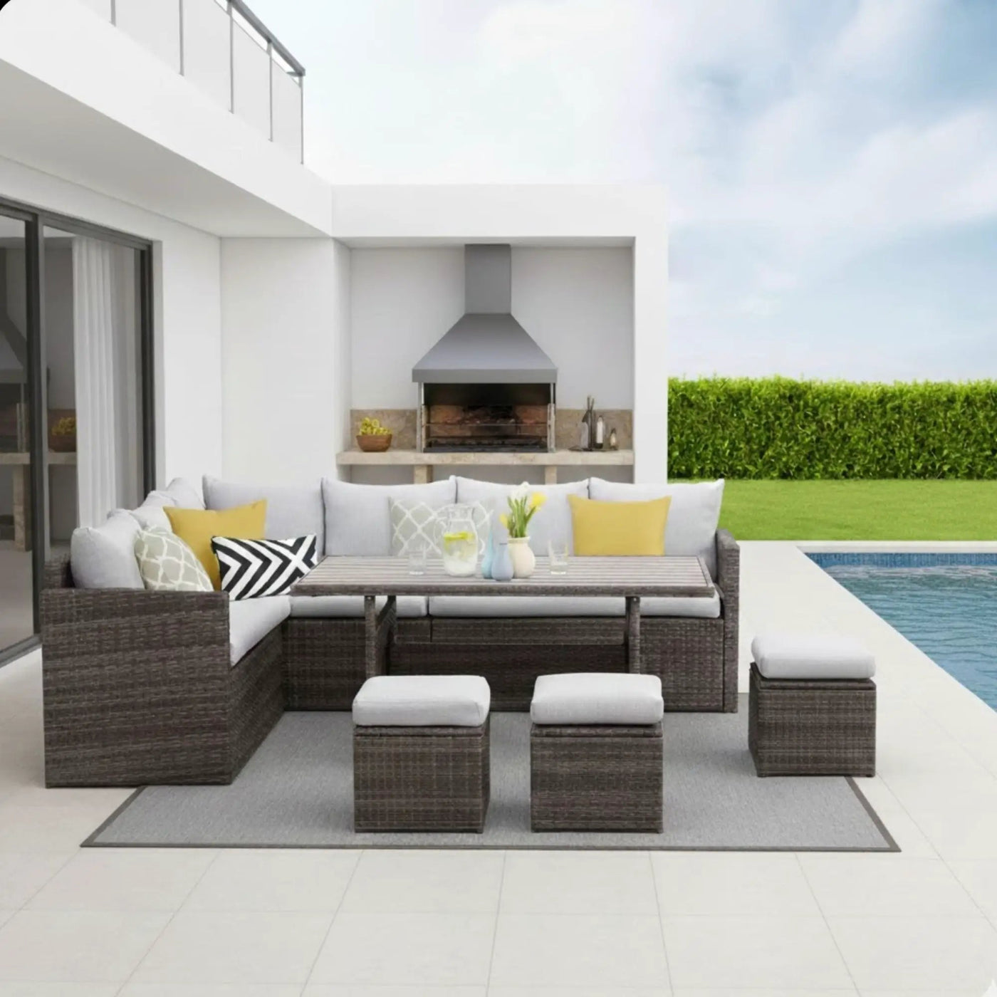 7 Piece Outdoor Dining Set With Cushions, Modular Sectional Sofa And Table by HouseOfZazla