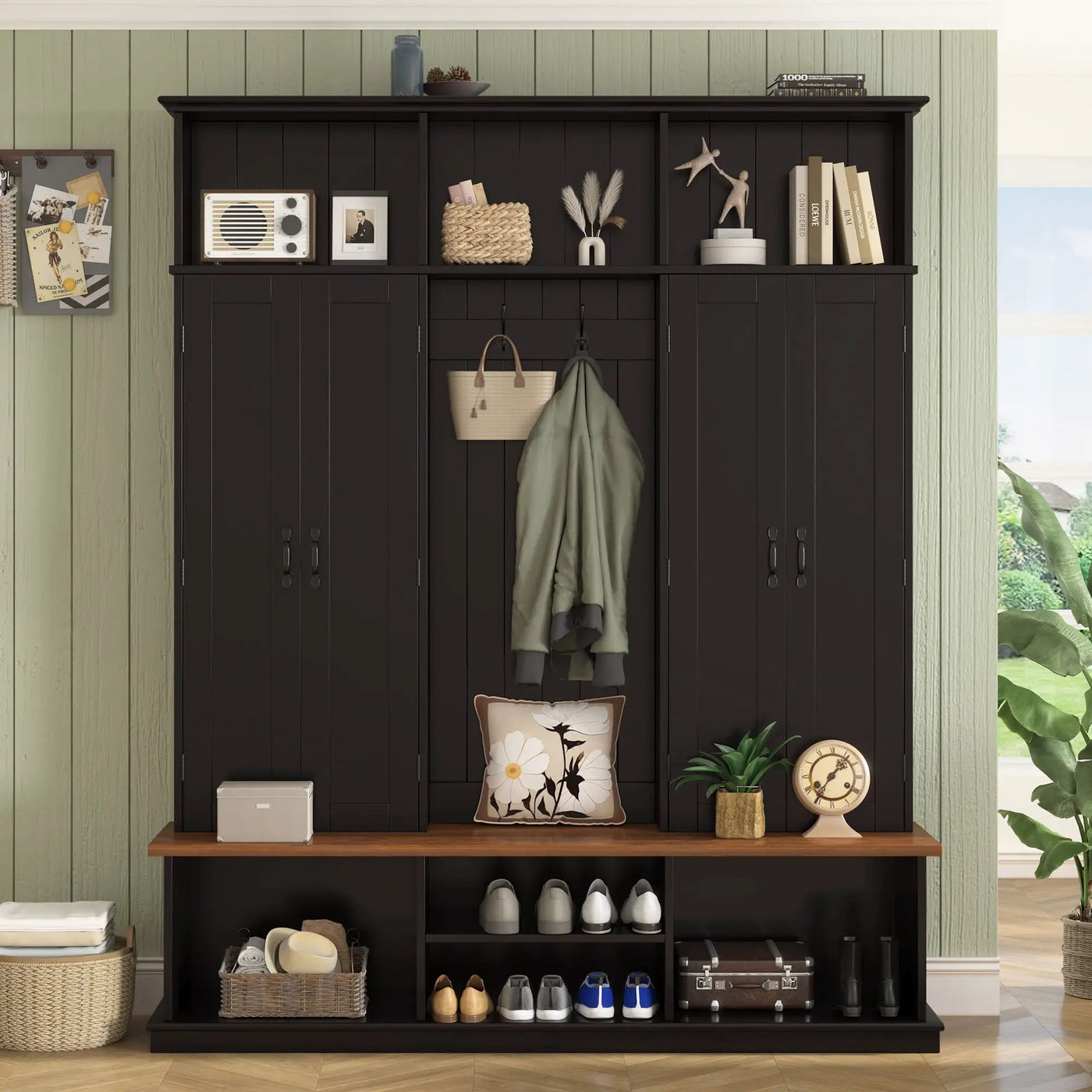 Entryway Hall Tree With Bench, 3 Top Cubbies & Bottom Storage Space by HouseOfZazla