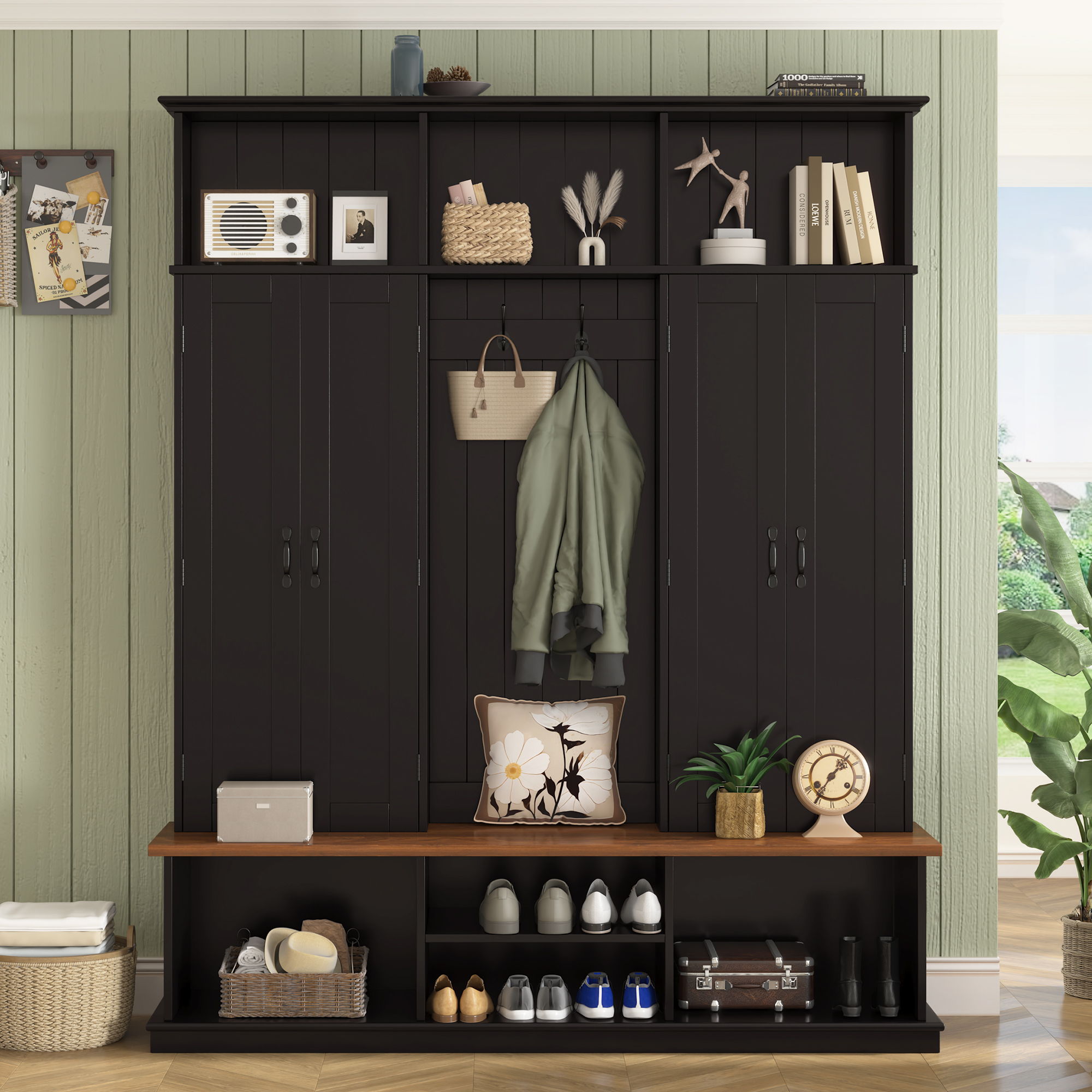 Entryway Hall Tree With Bench, 3 Top Cubbies & Bottom Storage Space by HouseOfZazla