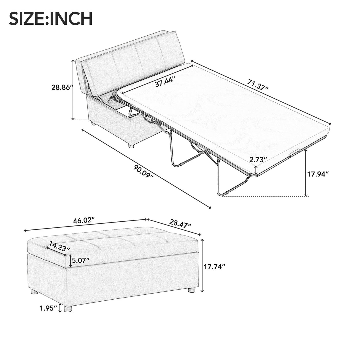 Twin Size Folding Ottoman Sleeper Bed with Mattress - Light Brown, Black, Dark Gray, White, photo 38 of 40