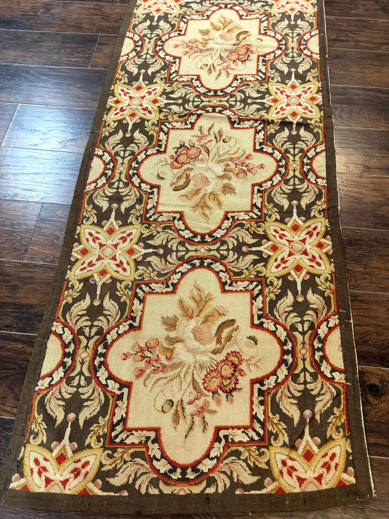 Needlepoint Runner Rug 2.7 x 9.7, European French Design, Wool, Handmade, Vintage by Jewel Rugs