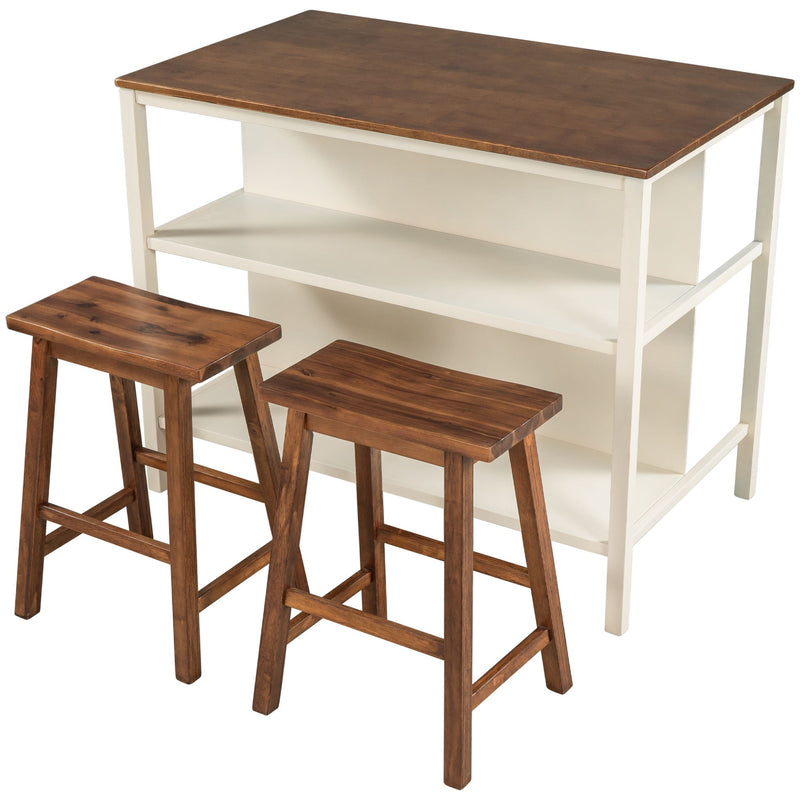 Rustic 3 Piece Stationary Kitchen Island Set with 2 Open Shelves - Light Brown