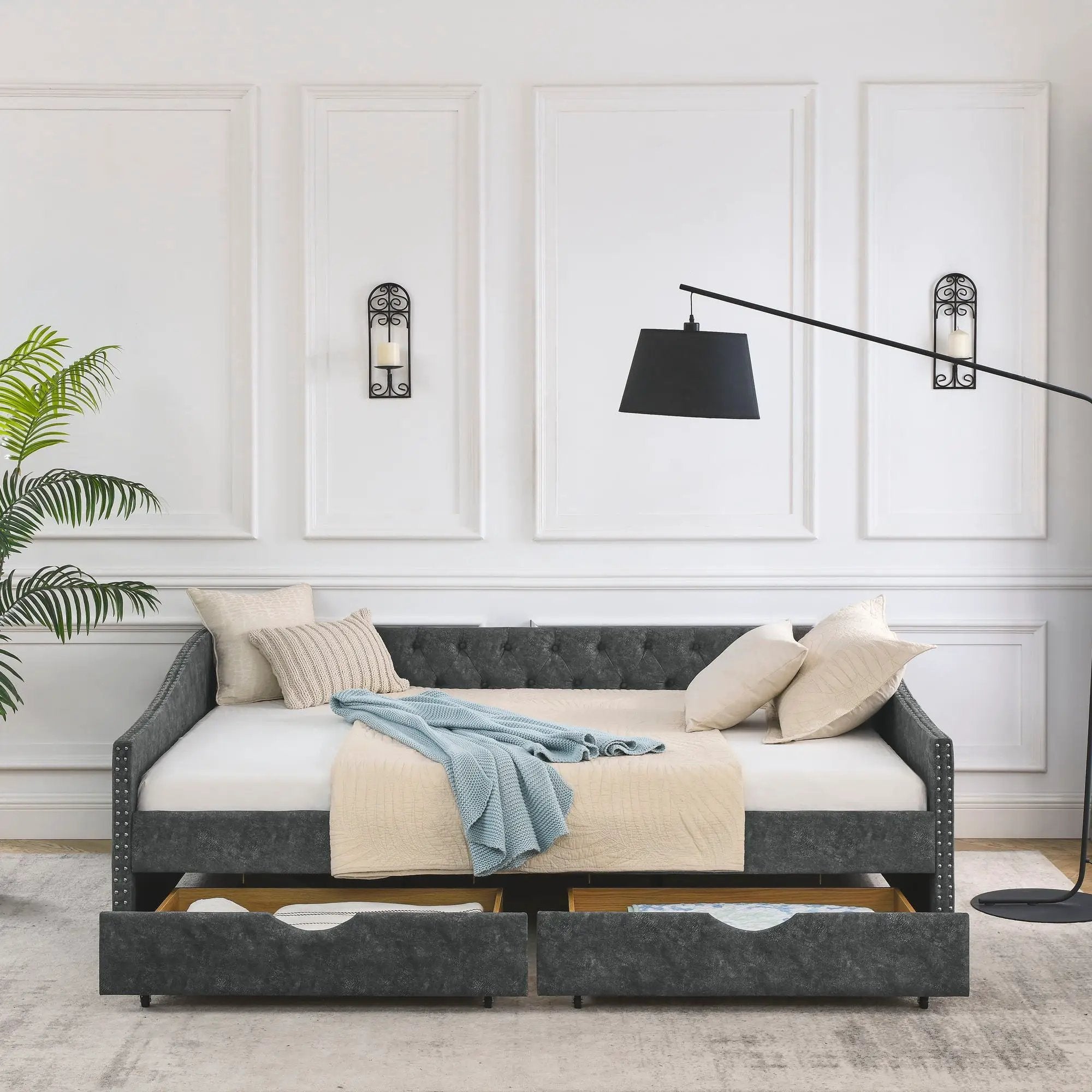 Upholstered Tufted Daybed With 2 Drawers, Waved Arms by Unique Piece Furniture