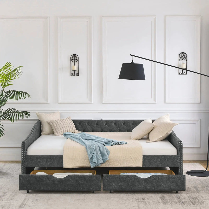 Upholstered Tufted Daybed With Drawers, Waved Arms by Unique Piece Furniture