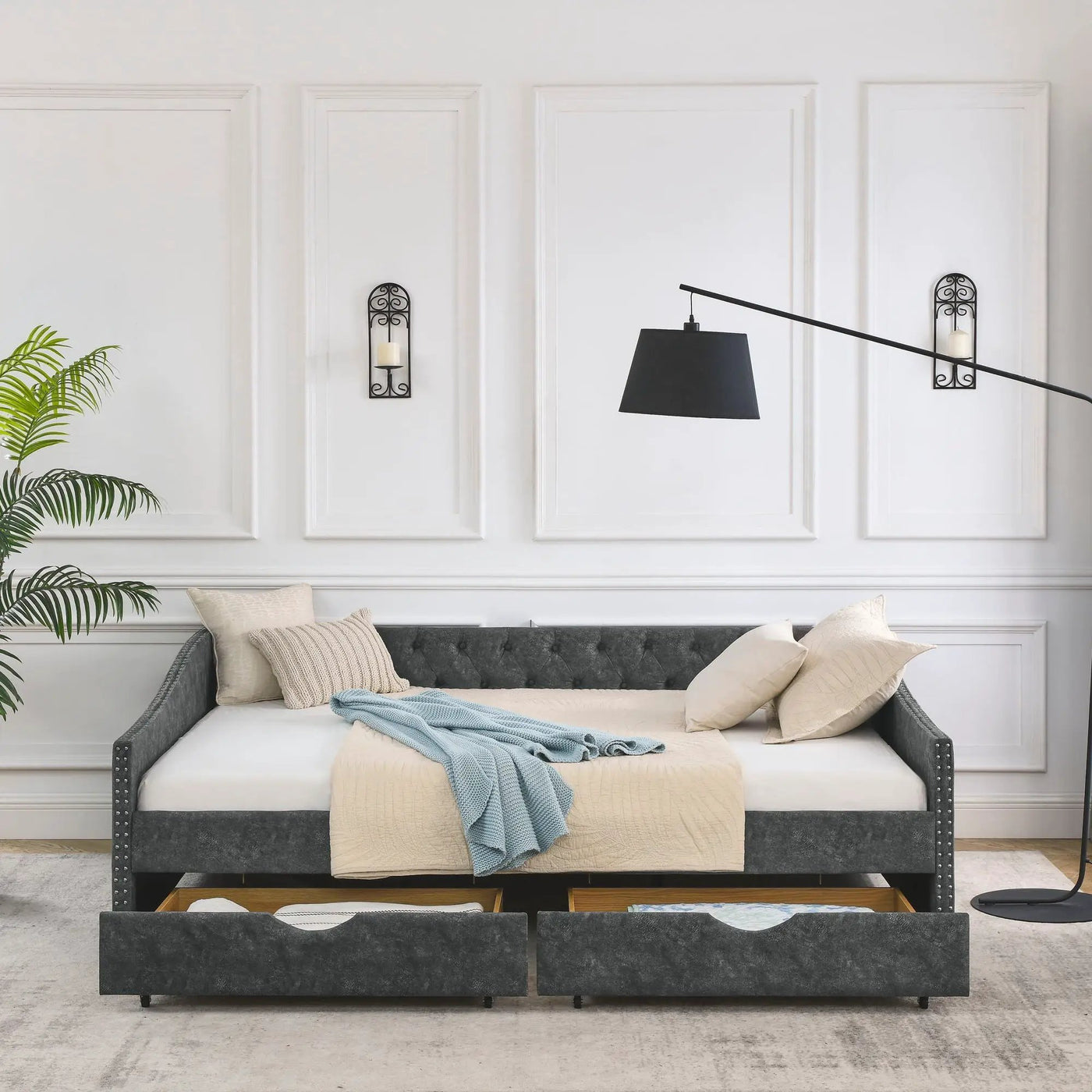 Upholstered Tufted Daybed With Drawers, Waved Arms by HouseOfZazla