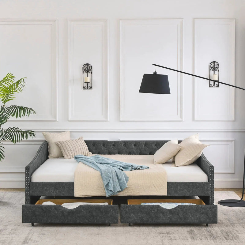 Upholstered Tufted Daybed With Drawers, Waved Arms by HouseOfZazla