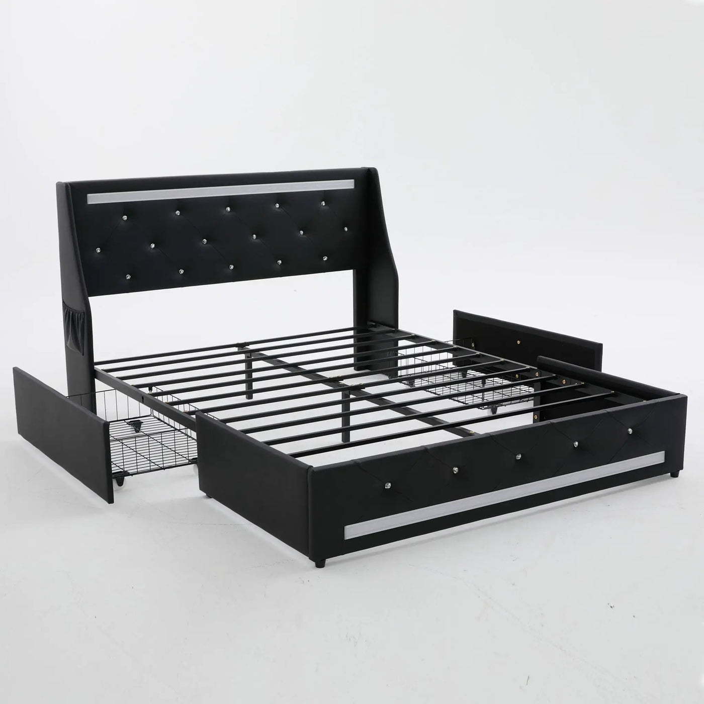 Wingback Upholstered Bed Frame With LED Lights, Charging Station by HouseOfZazla