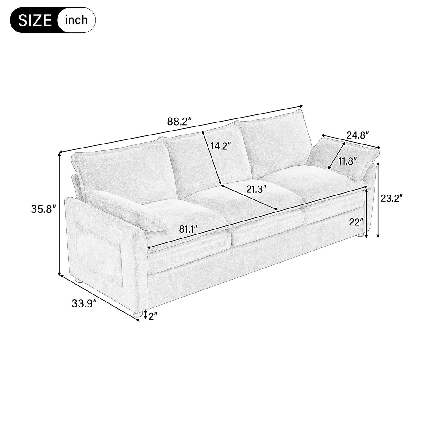 Modern 3 Seater Sofa With Side Storage Pockets For Living Room by HouseOfZazla