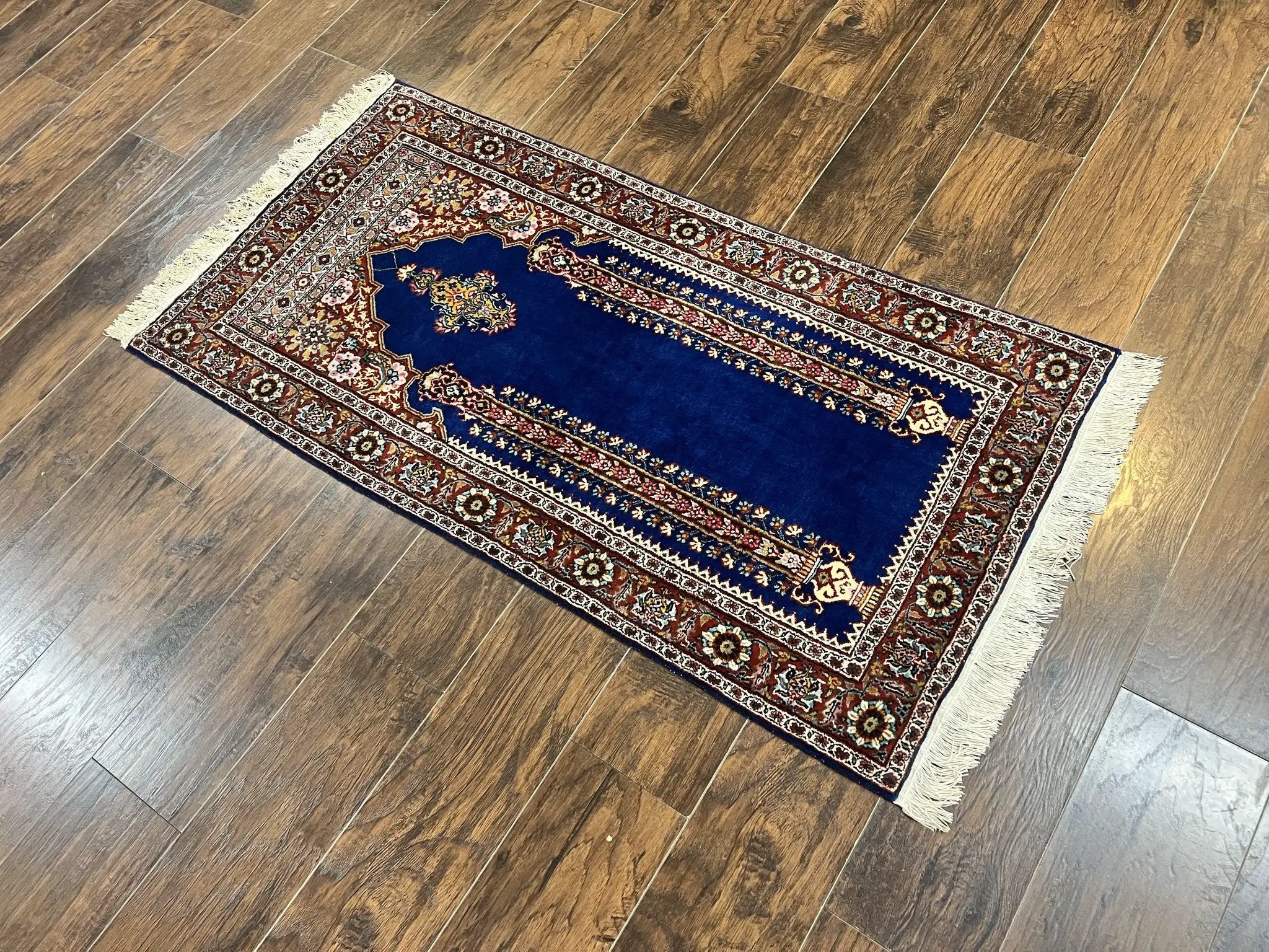Indo Persian Prayer Rug 3x5, Fine Oriental Carpet, Dark Blue and Red, Vintage Hand Knotted Handmade Prayer Rug by Jewel Rugs