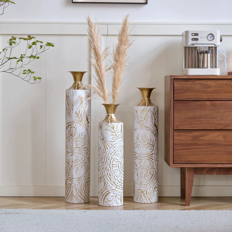 Floor Metal Vases Decorated Metal Vases (Set of 3) Gorgeous Home Decoration Large Glazed Metal Vases - White / Gold by Unique Piece Furniture