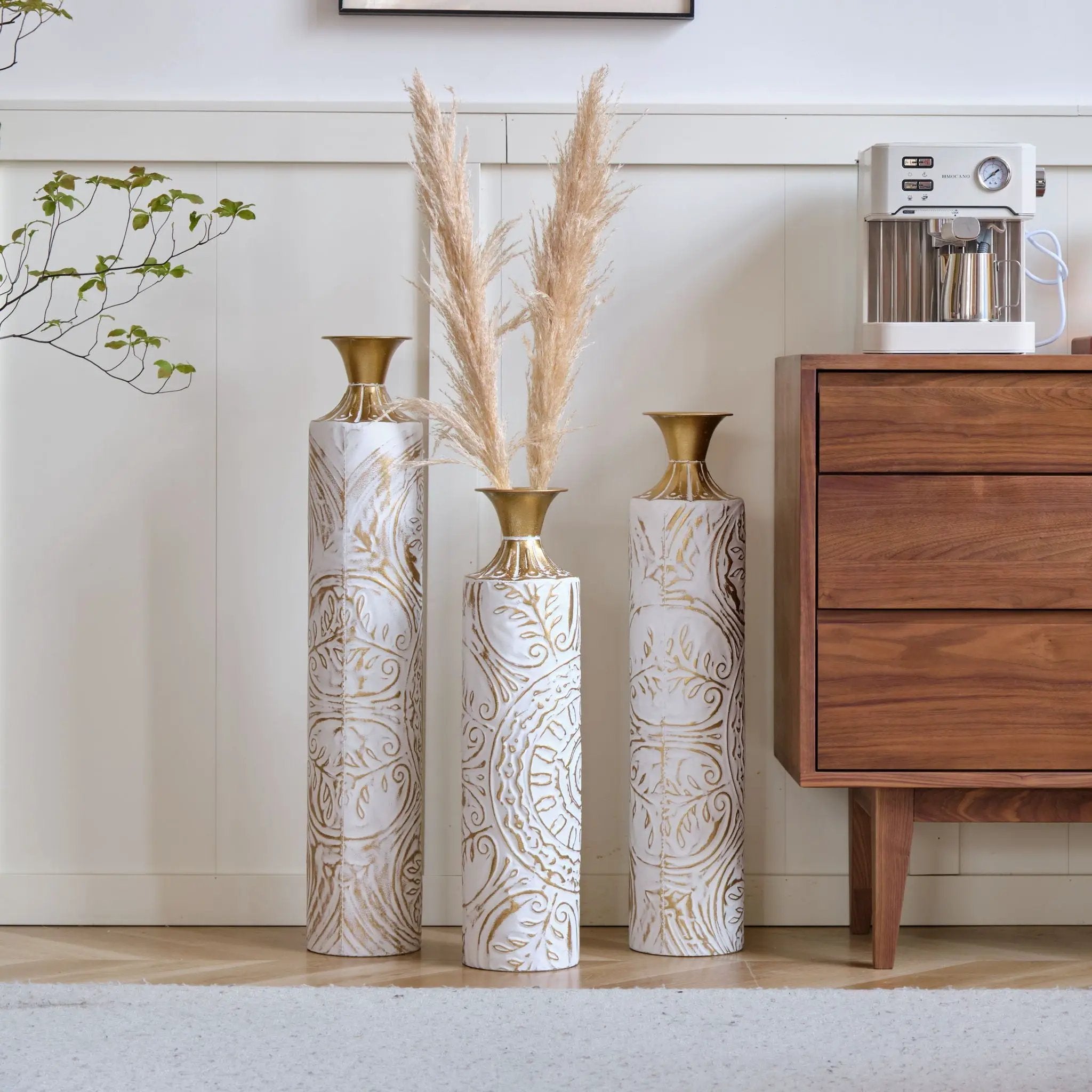 Floor Metal Vases Decorated Metal Vases (Set of 3) Gorgeous Home Decoration Large Glazed Metal Vases - White / Gold by HouseOfZazla