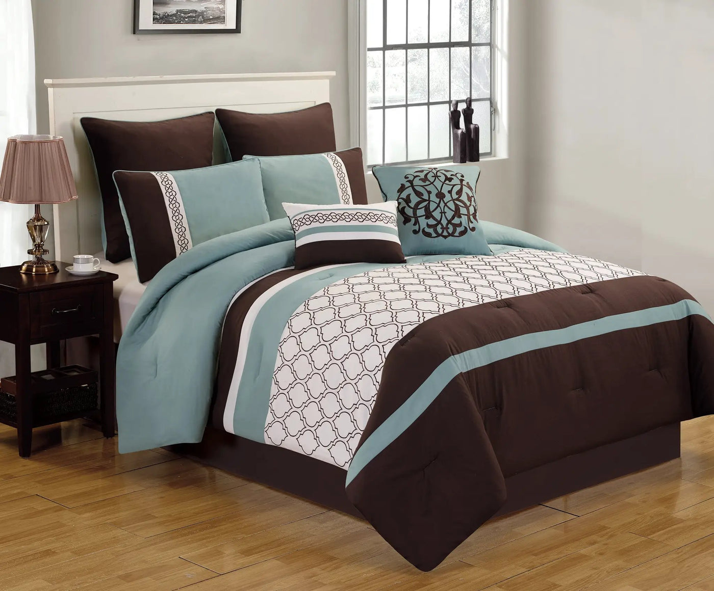 Tolbert 8 Pc Teal & Brown Geometric Embroidered Comforter Set by HouseOfZazla