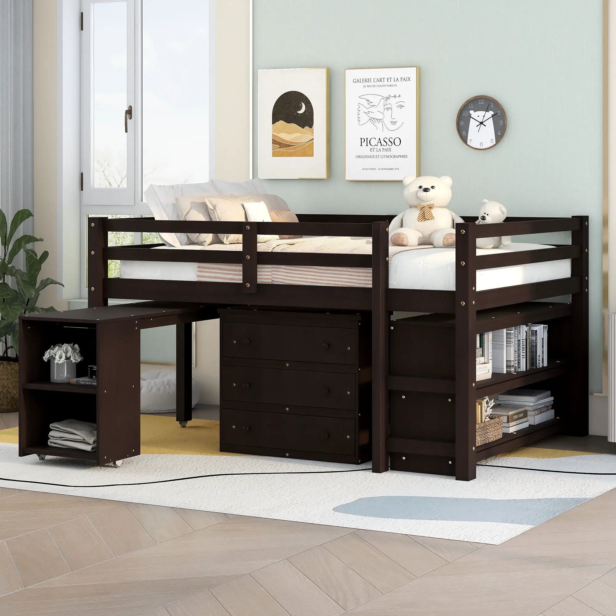 Loft Low Study Bed With Cabinet, Shelves And Rolling Portable Desk, Multiple Functions by HouseOfZazla