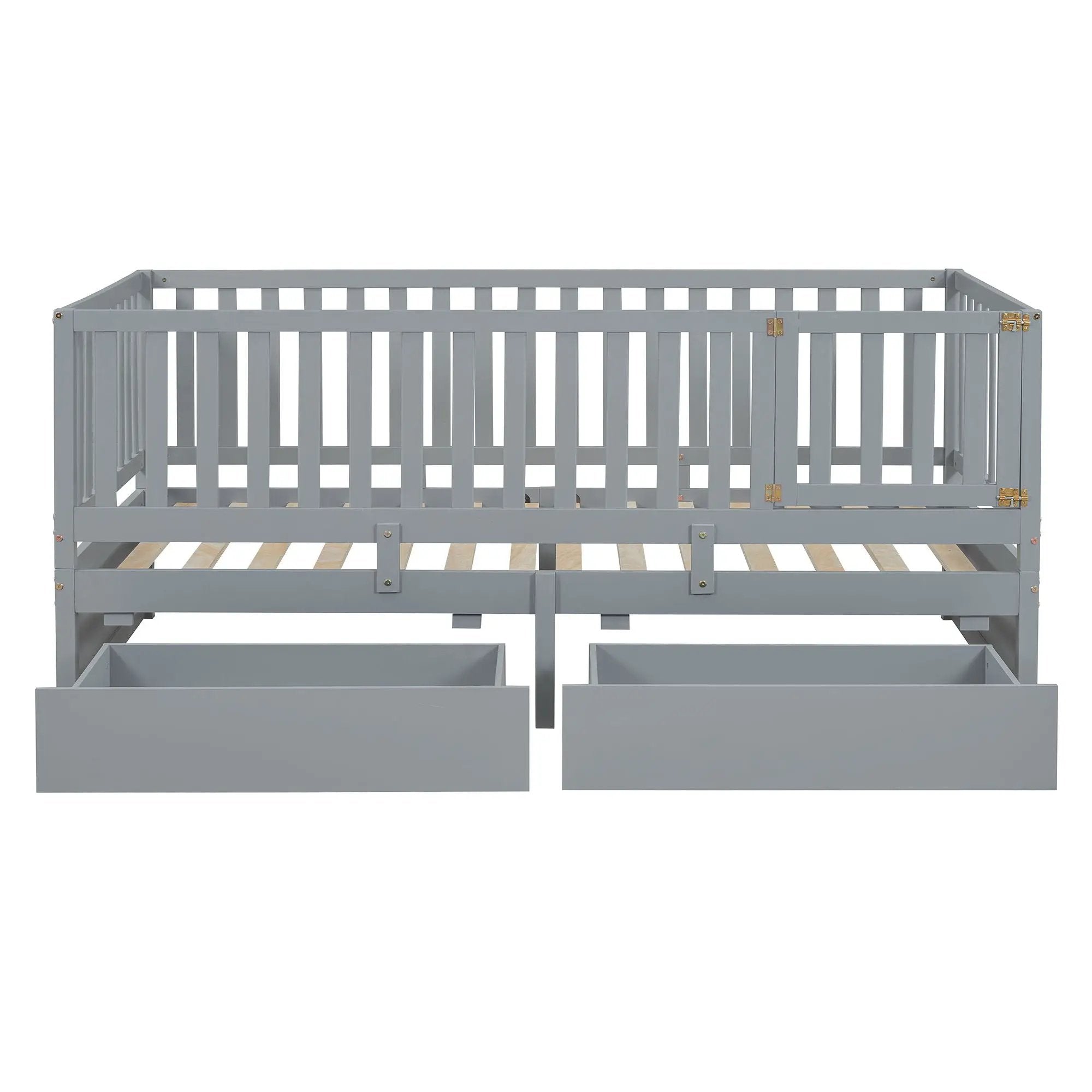 Daybed With Fence Guardrails And 2 Drawers, Split Into Independent Floor Bed & Daybed by HouseOfZazla