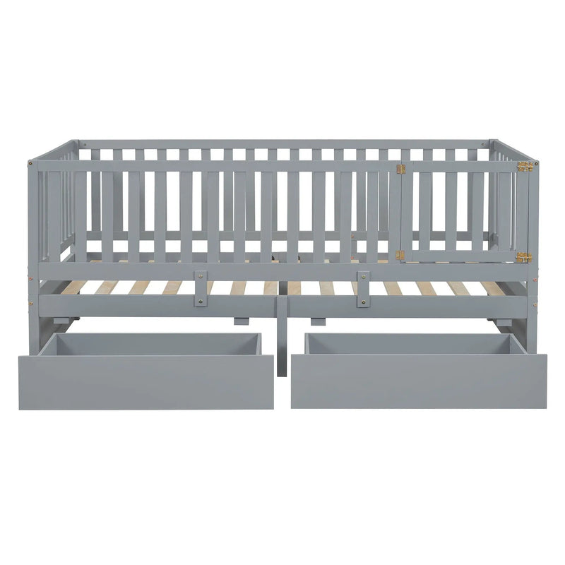Daybed With Fence Guardrails And 2 Drawers, Split Into Independent Floor Bed & Daybed by HouseOfZazla