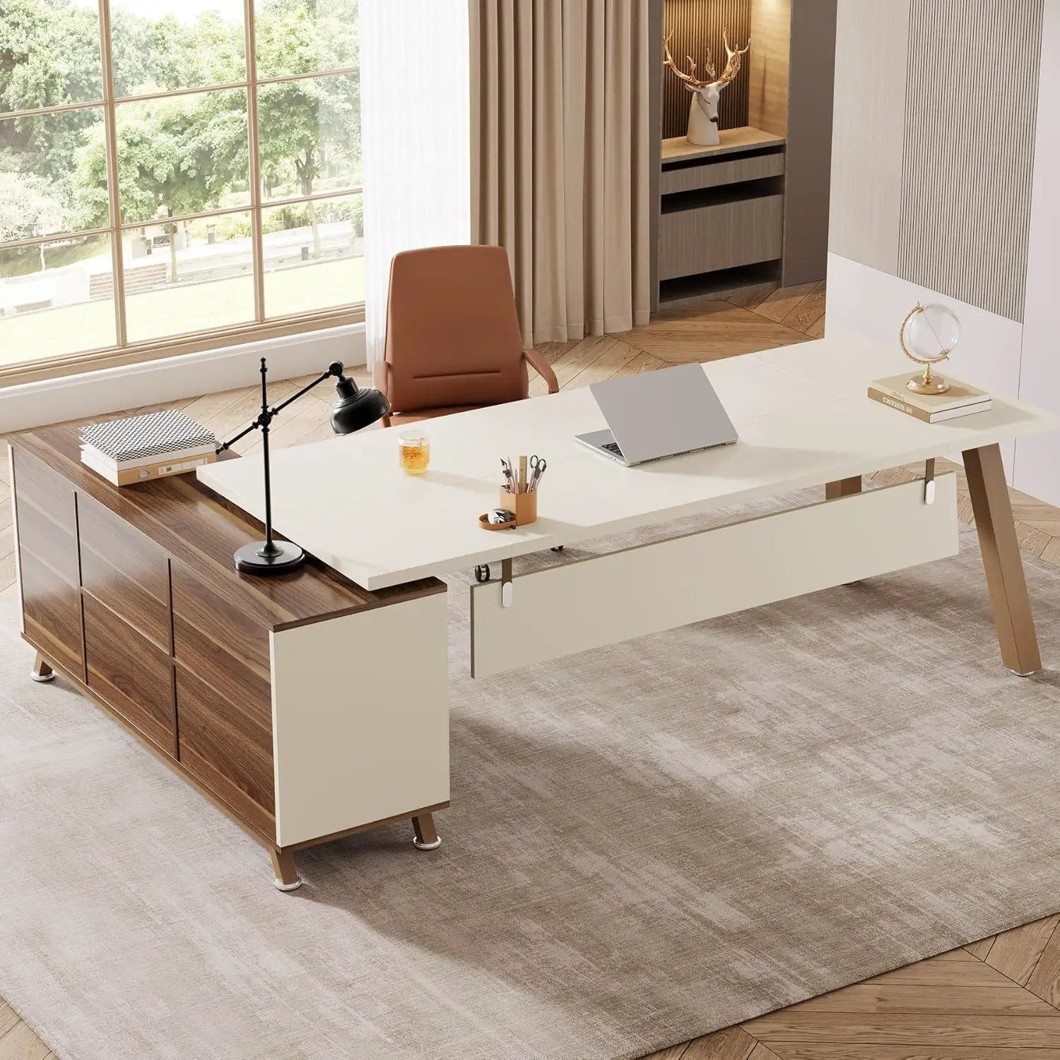 L-Shaped Executive Desk With File Cabinet, Computer Workstation With Drawers And Shelves For Home Office - White / Walnut by HouseOfZazla